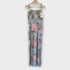 NWT Maaji Sunset Palm Fronds Ruched Tie Strap Maxi Beach Dress, size M
